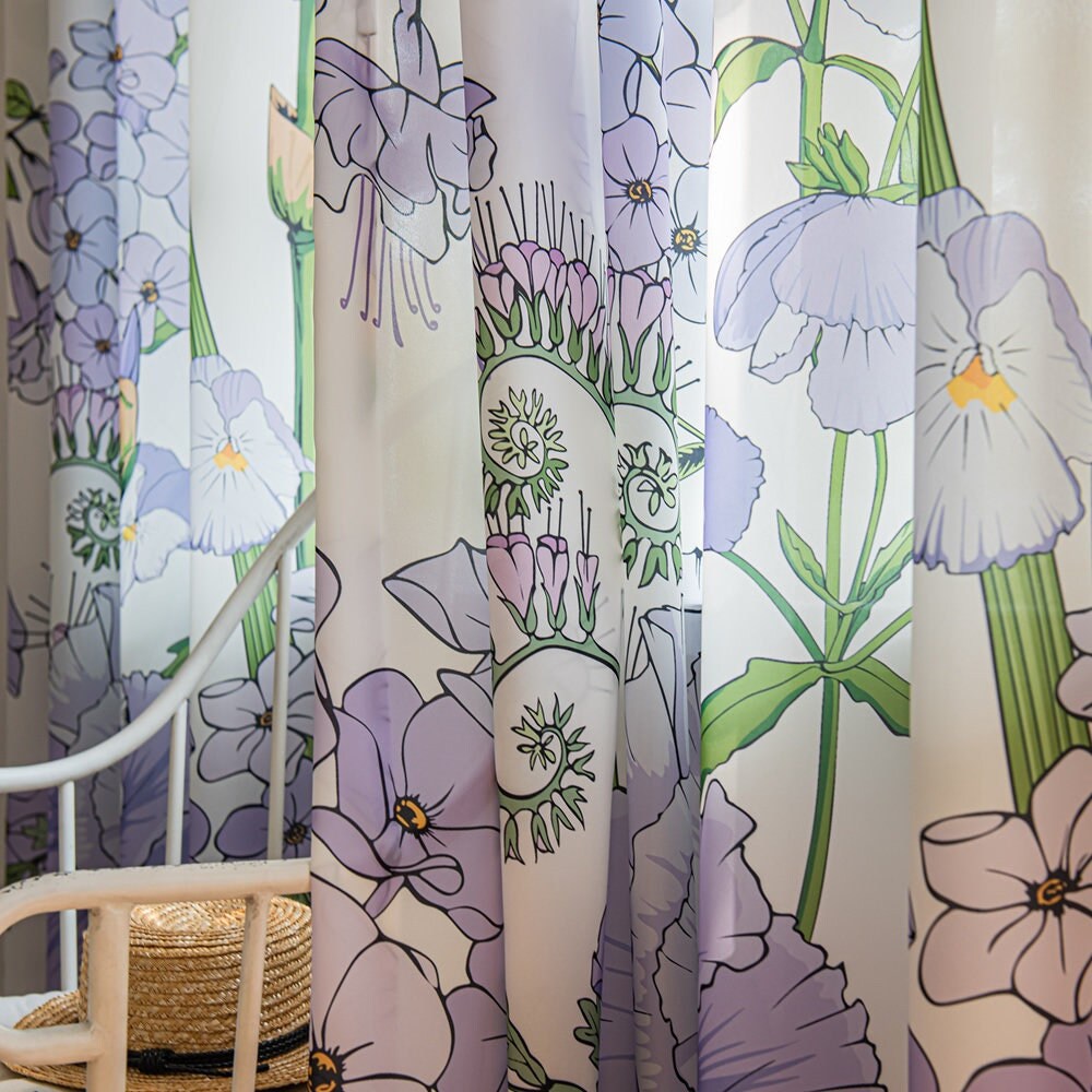 Retro White Sheer Chiffon Curtains with Art Purple Flower Print