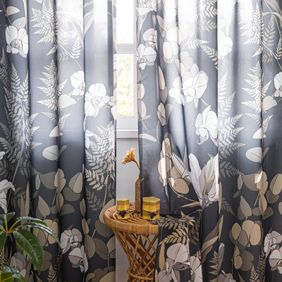 Black Sheer Curtains with Retro White Lily Flower and Leaf Plant Print