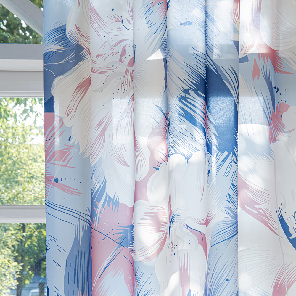 Blue Sheer Curtains with Abstract Watercolor Large White Flowers Print