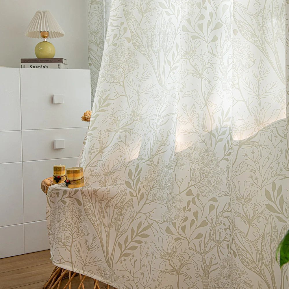 Light Green Sheer Curtains with Leaf and Plant Branches Print