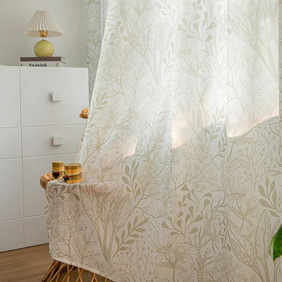 Light Green Sheer Curtains with Leaf and Plant Branches Print