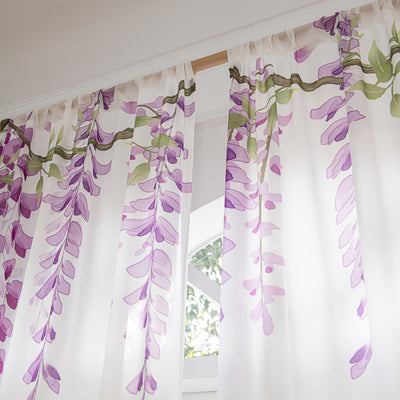 White Sheer Curtains with Wisteria Vine Branches Print