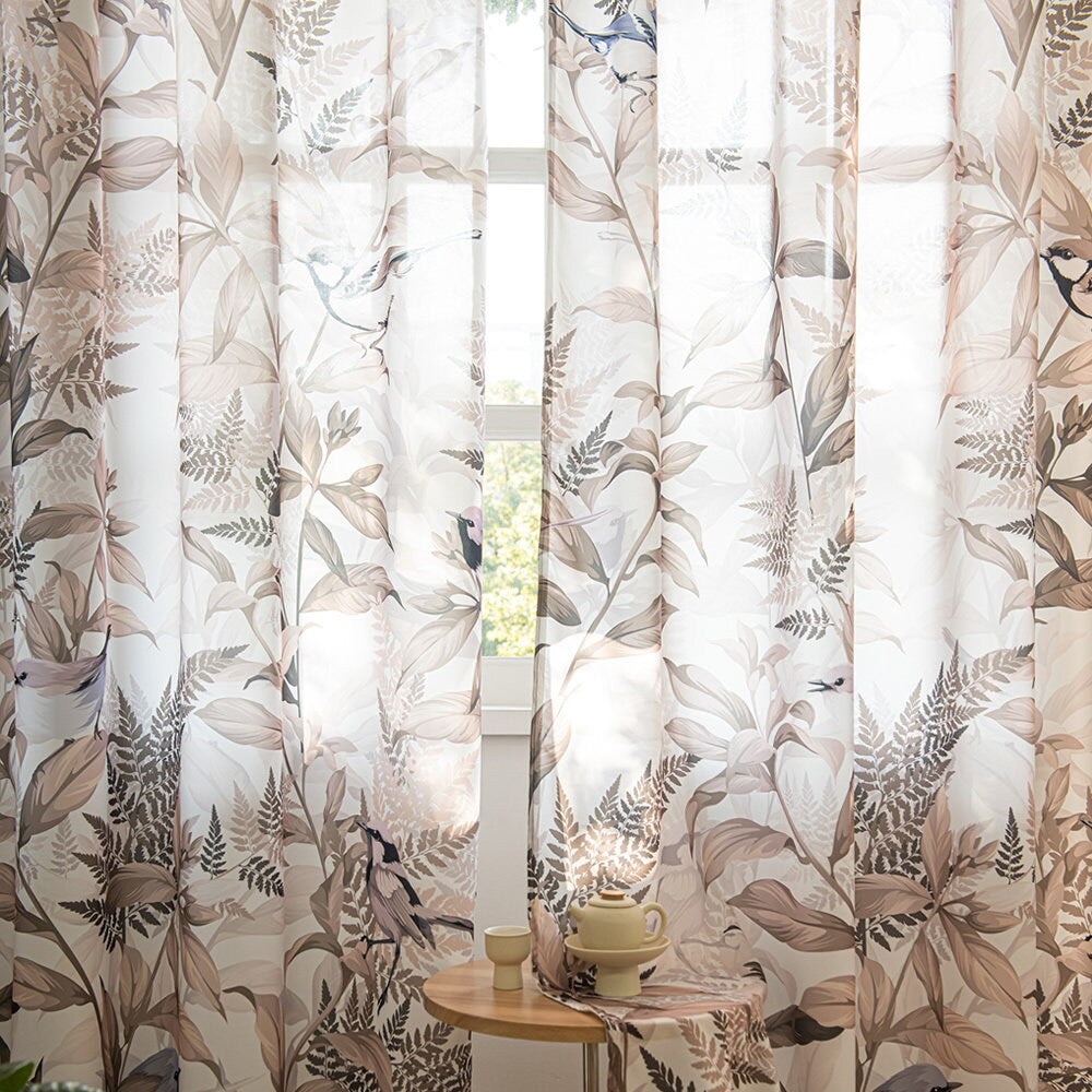 Vintage Sheer Curtains with Brown Leaf, Plant, and Bird Print