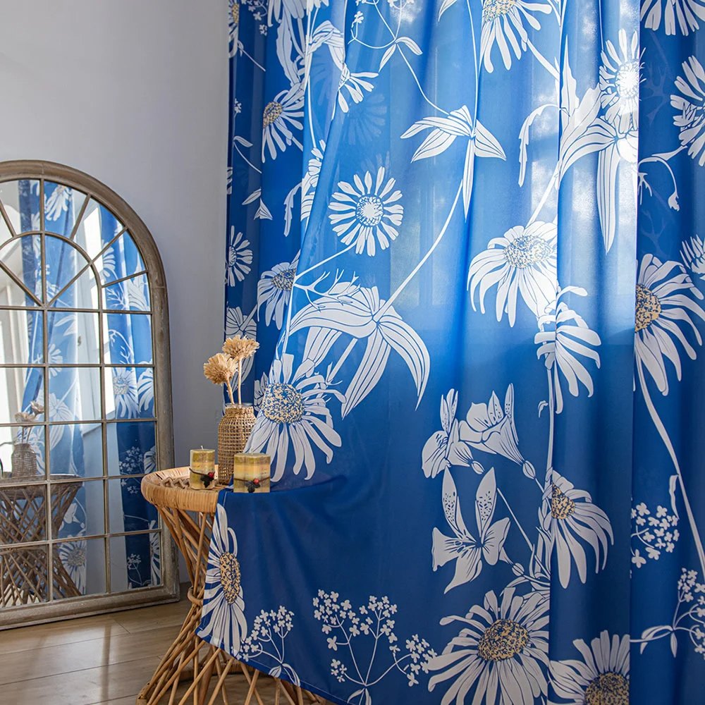 Retro Blue Sheer Chiffon Curtains with Boho Sunflower and Plant Leaves Print