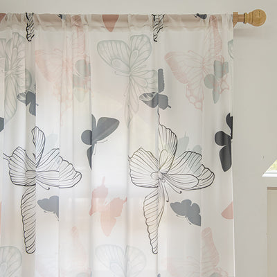 Retro Fashion White Sheer Curtains with Blue and Pink Butterfly Print