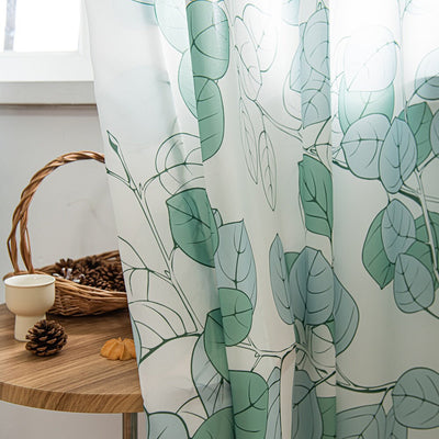 Green Sheer Curtains with Tree Branch and Leaf Plant Print