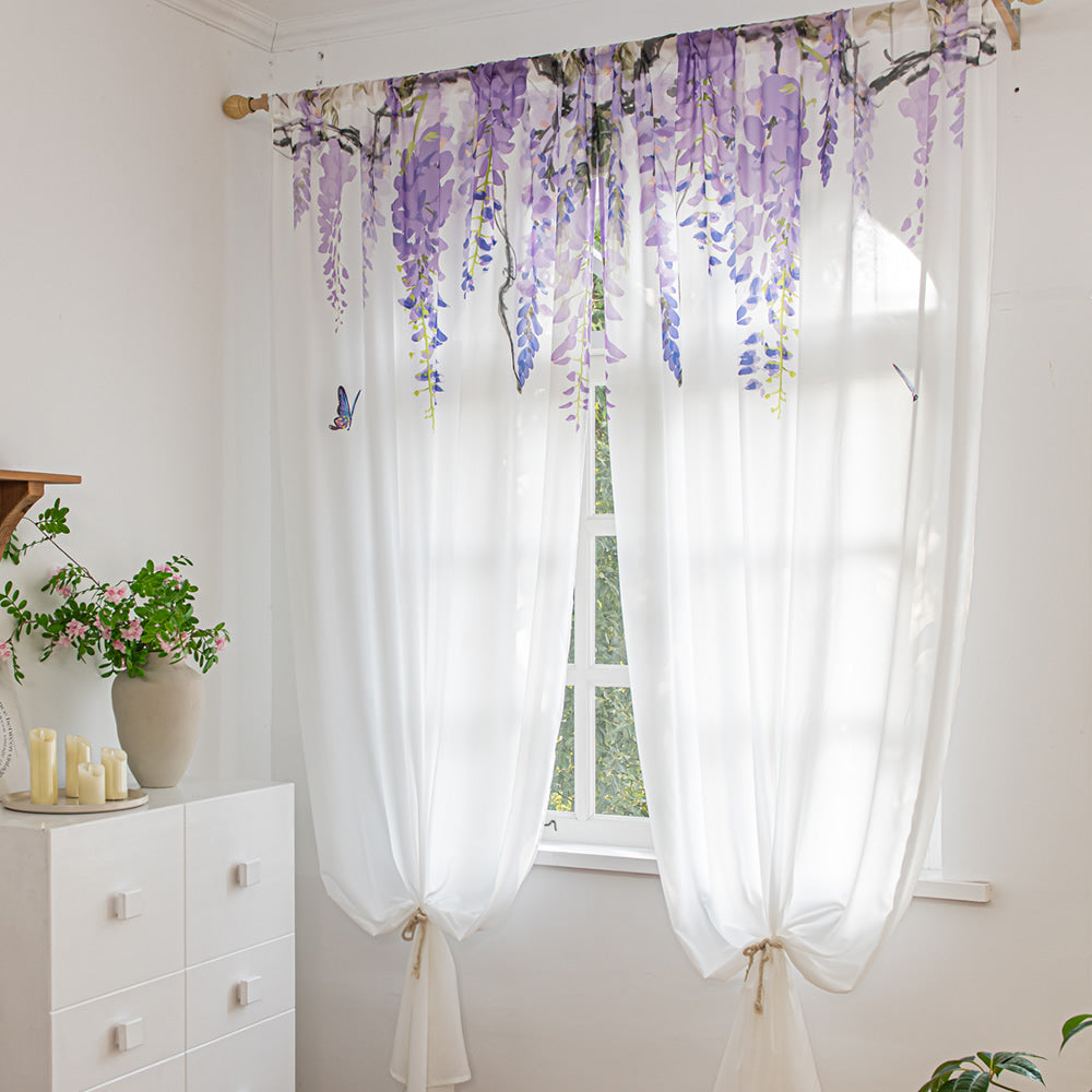 White Sheer Curtains with Purple Wisteria Flower and Butterfly Print