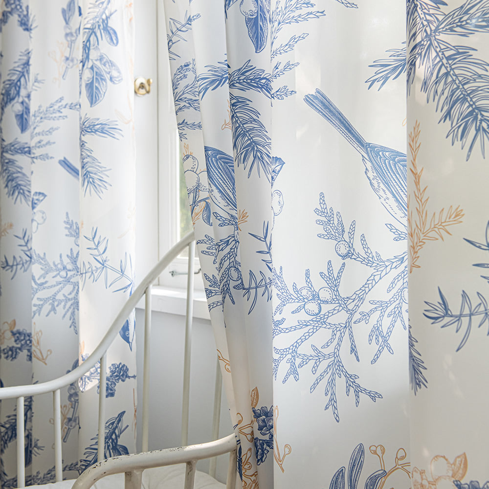 White Sheer Chiffon Curtains with Retro Blue Bird, Branches Leaf Print