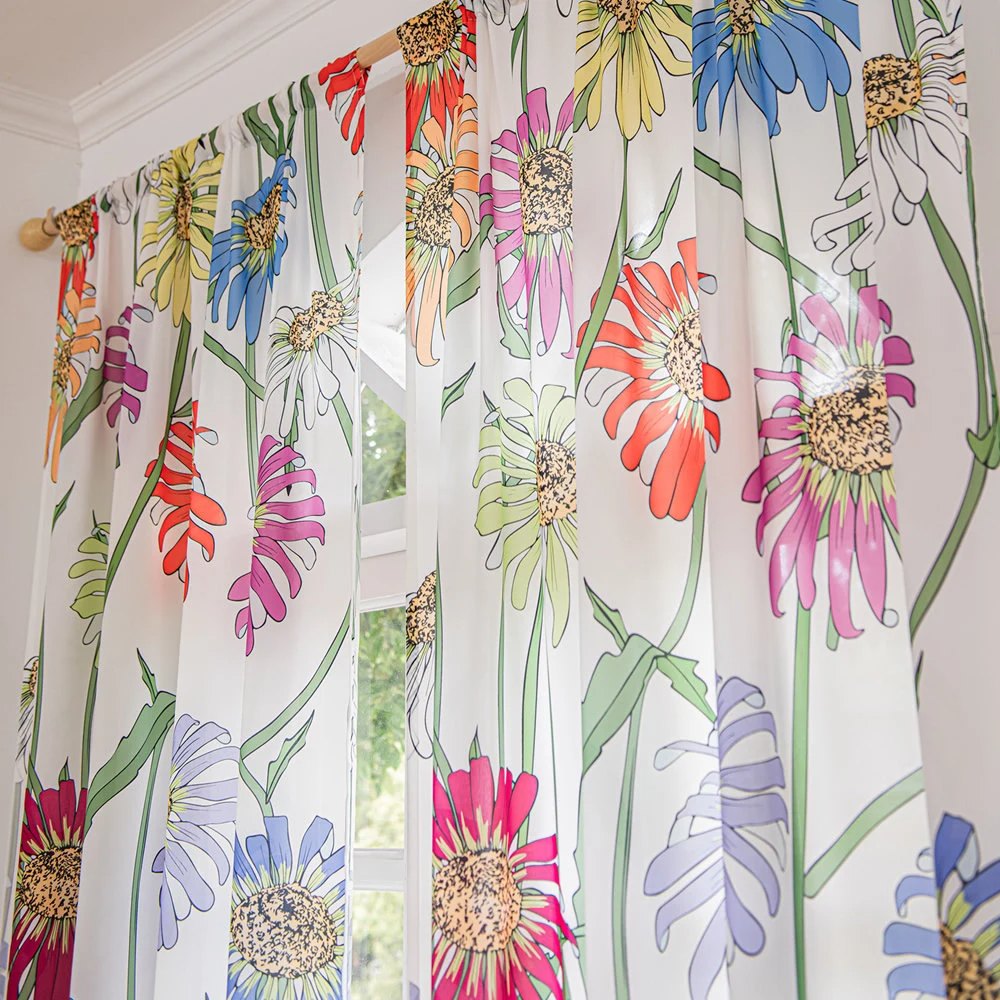 Retro Sheer Curtains with Colorful Art Sunflower Print