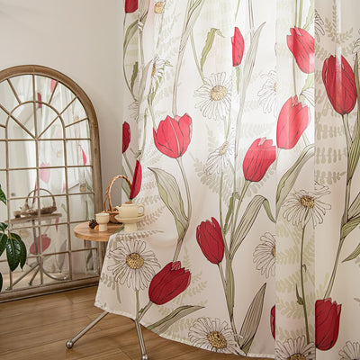 White Sheer Curtains with Red Tulip and Sunflower Floral Print