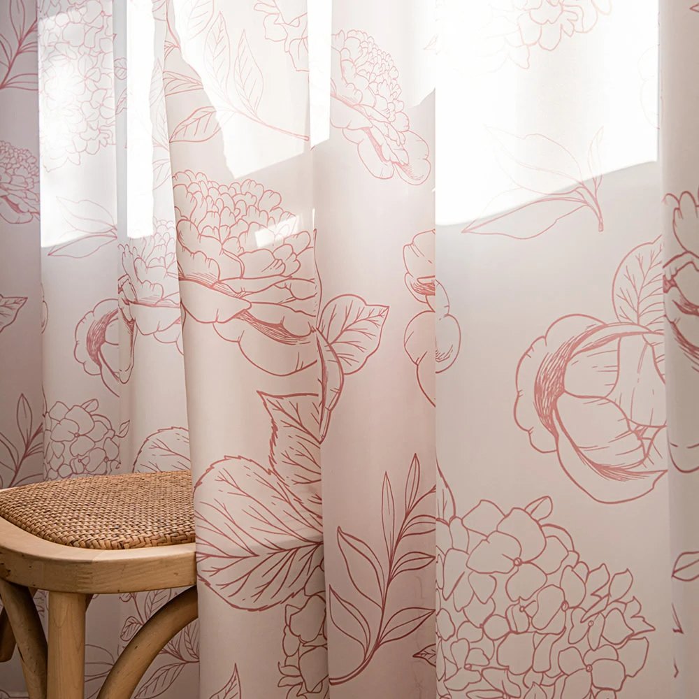 White Sheer Curtains with Line Drawing of Pink Peony, Rose, and Hydrangea Print