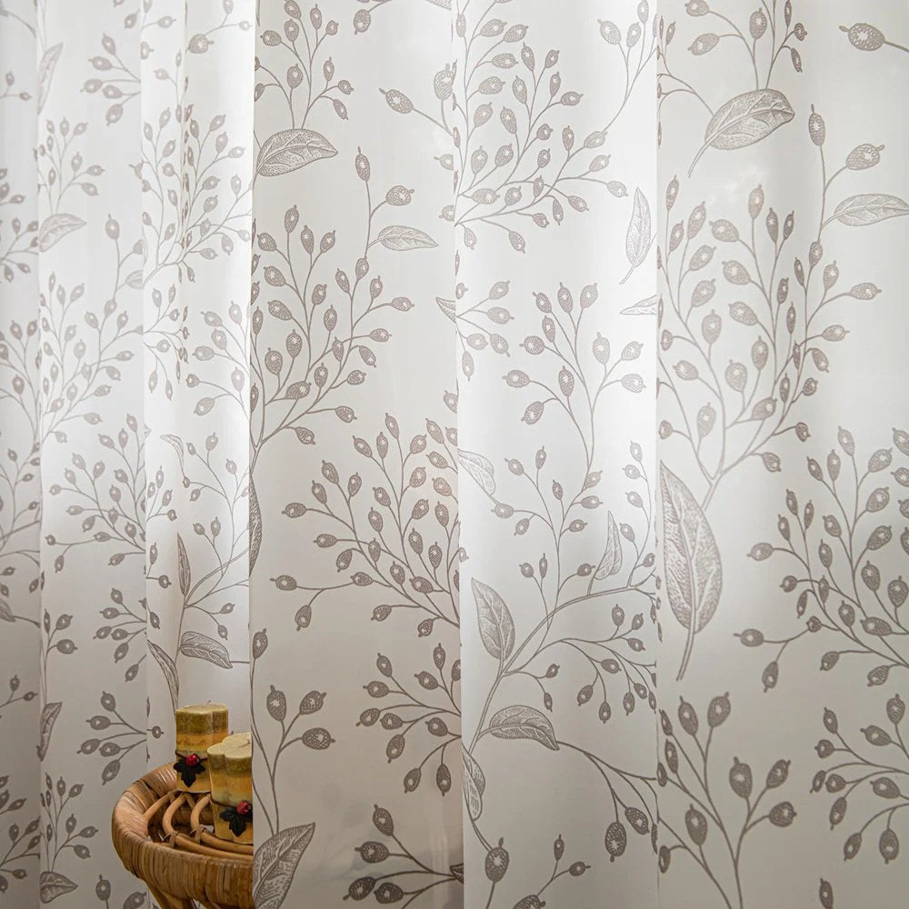 White Sheer Curtains with Brown Small Branches and Leaf Print