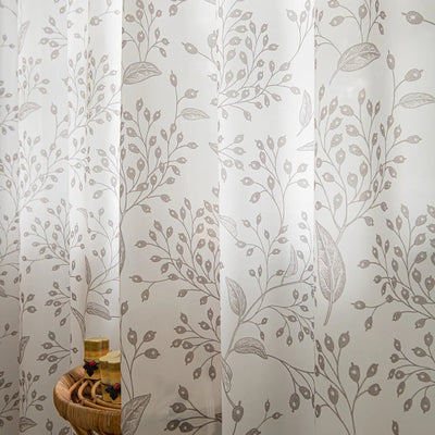 White Sheer Curtains with Brown Small Branches and Leaf Print