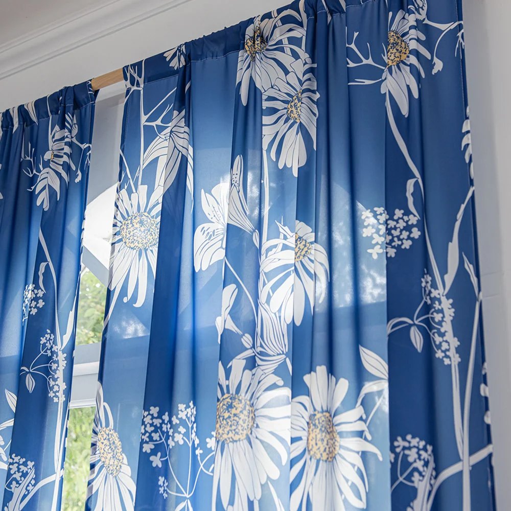 Retro Blue Sheer Chiffon Curtains with Boho Sunflower and Plant Leaves Print