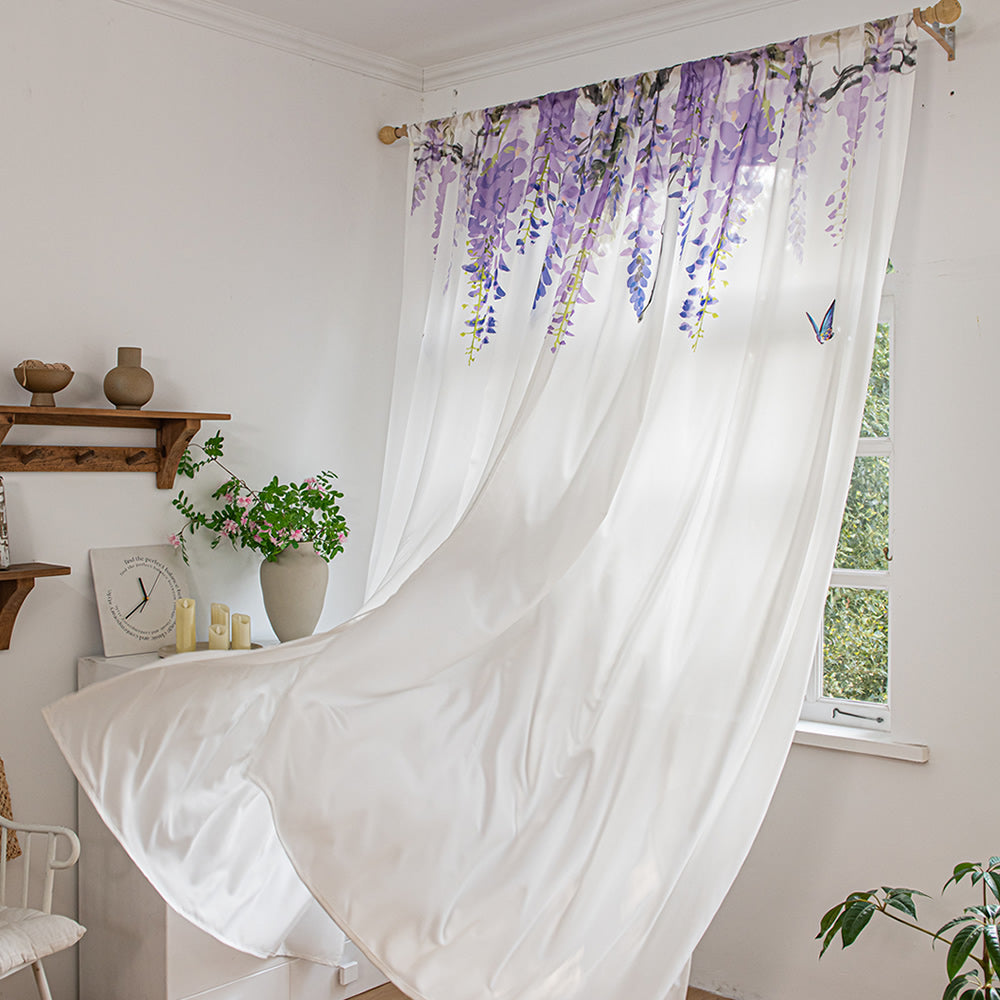 White Sheer Curtains with Purple Wisteria Flower and Butterfly Print