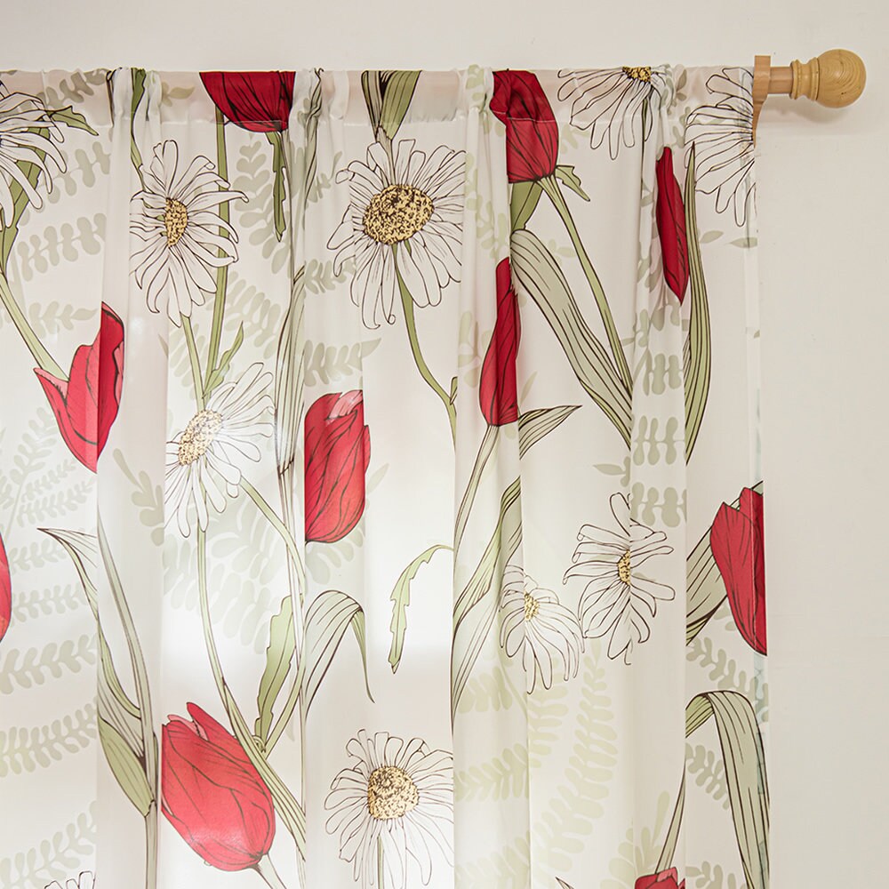 White Sheer Curtains with Red Tulip and Sunflower Floral Print