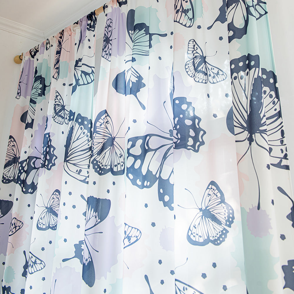 White Sheer Curtains with Blue Butterfly and Colorful Watercolor Design Print