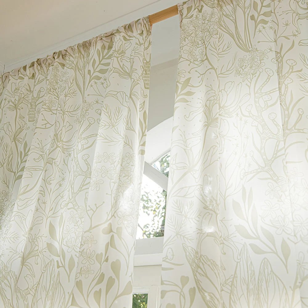 Light Green Sheer Curtains with Leaf and Plant Branches Print