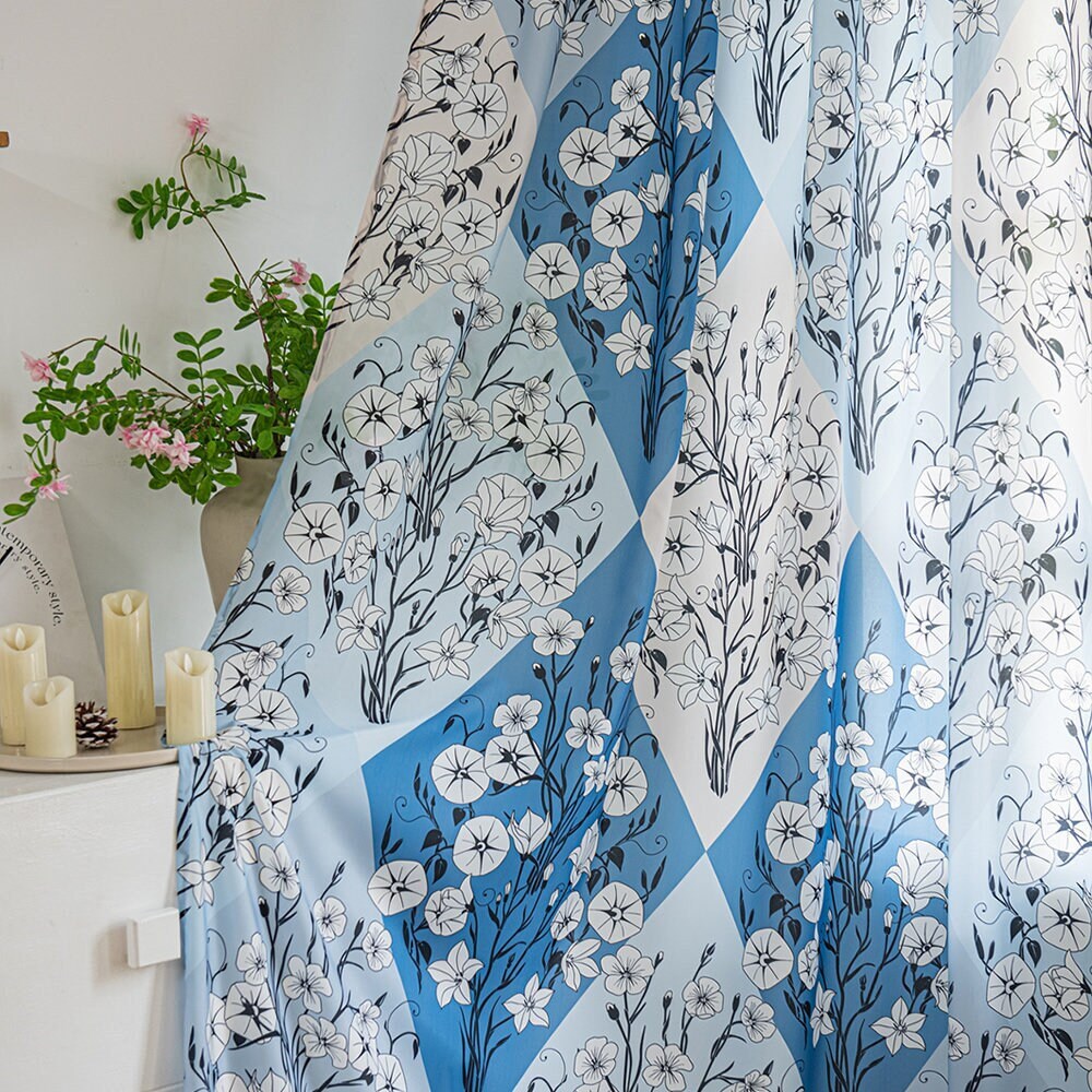 Retro Blue Sheer Curtains with White Floral Diamond Print