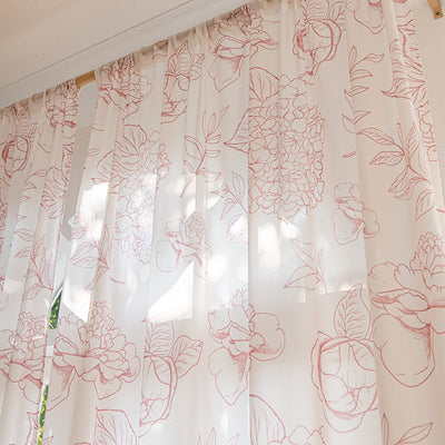 White Sheer Curtains with Line Drawing of Pink Peony, Rose, and Hydrangea Print