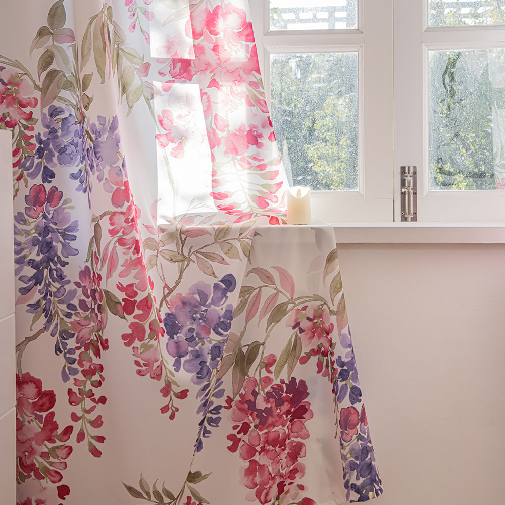 White Chiffon Sheer Curtains Pink and Purple Wisteria Flower Print