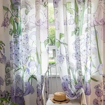 Retro White Sheer Chiffon Curtains with Art Purple Flower Print