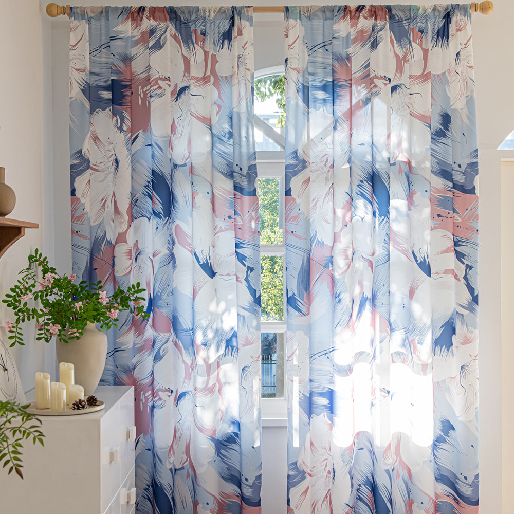 Blue Sheer Curtains with Abstract Watercolor Large White Flowers Print