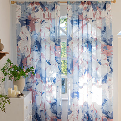 Blue Sheer Curtains with Abstract Watercolor Large White Flowers Print