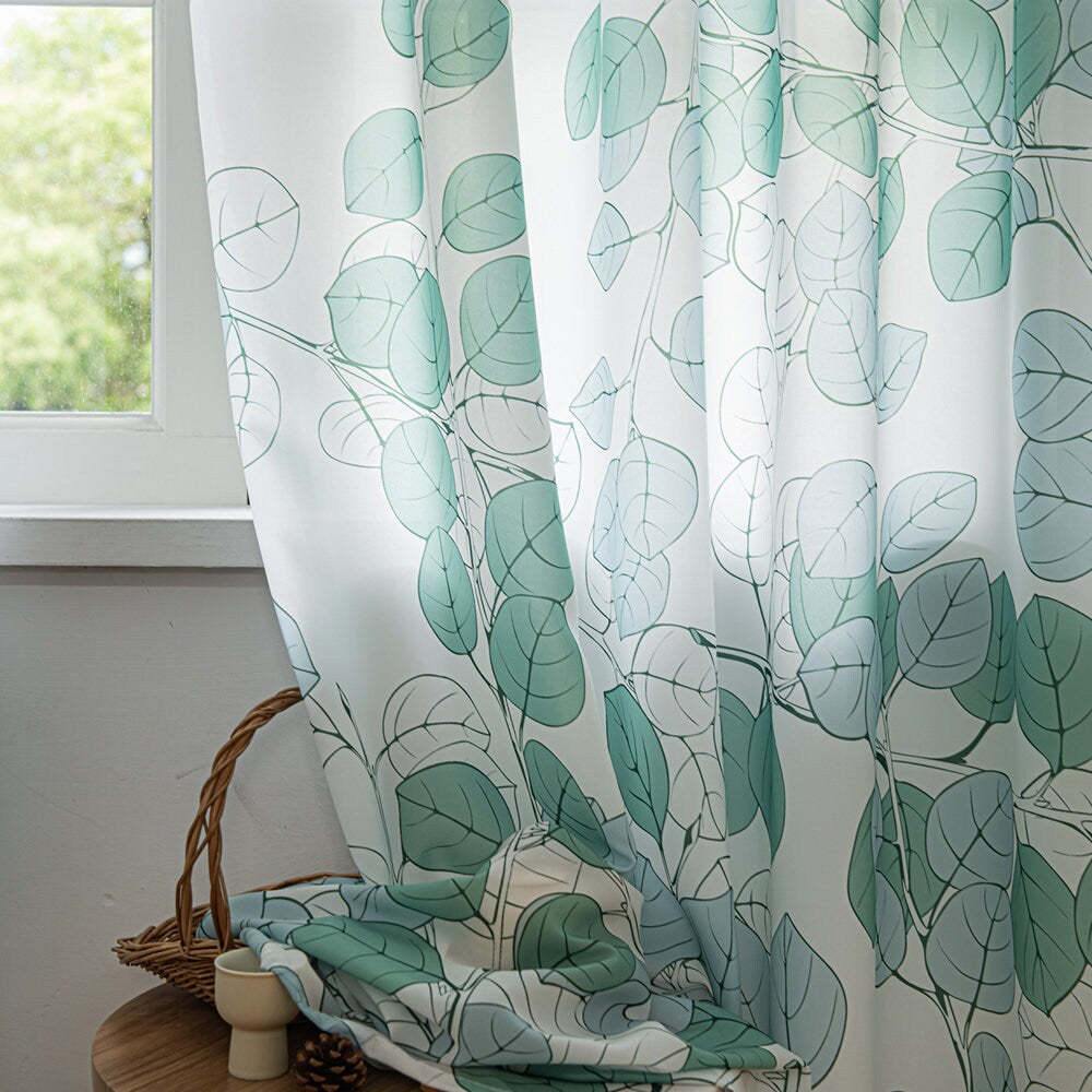 Green Sheer Curtains with Tree Branch and Leaf Plant Print