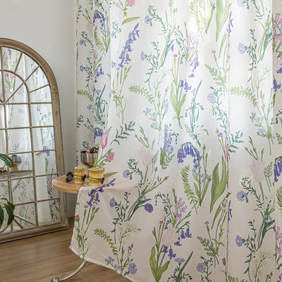 Pretty White Sheer Curtains with Tulip and Violet Print