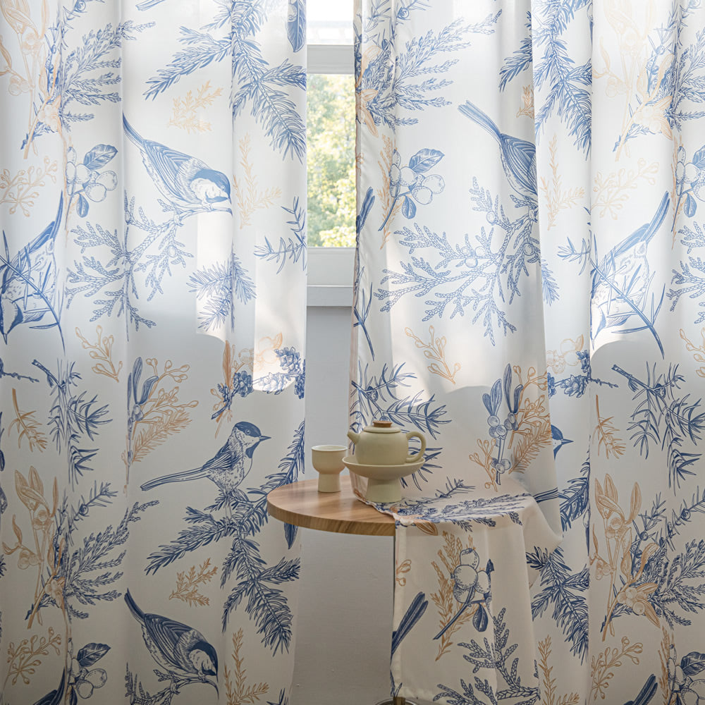 White Sheer Chiffon Curtains with Retro Blue Bird, Branches Leaf Print