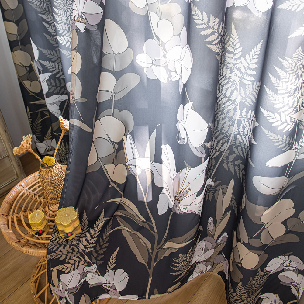 Black Sheer Curtains with Retro White Lily Flower and Leaf Plant Print