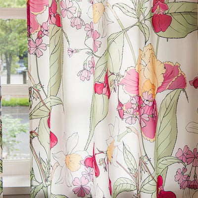 Red and Yellow Sheer Curtains with Tropical Leaves and Vintage Flower Print