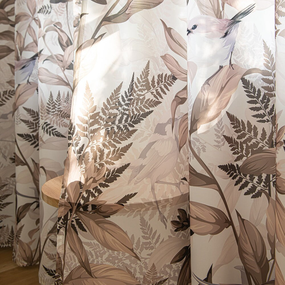 Vintage Sheer Curtains with Brown Leaf, Plant, and Bird Print