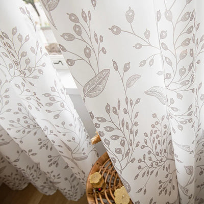 White Sheer Curtains with Brown Small Branches and Leaf Print