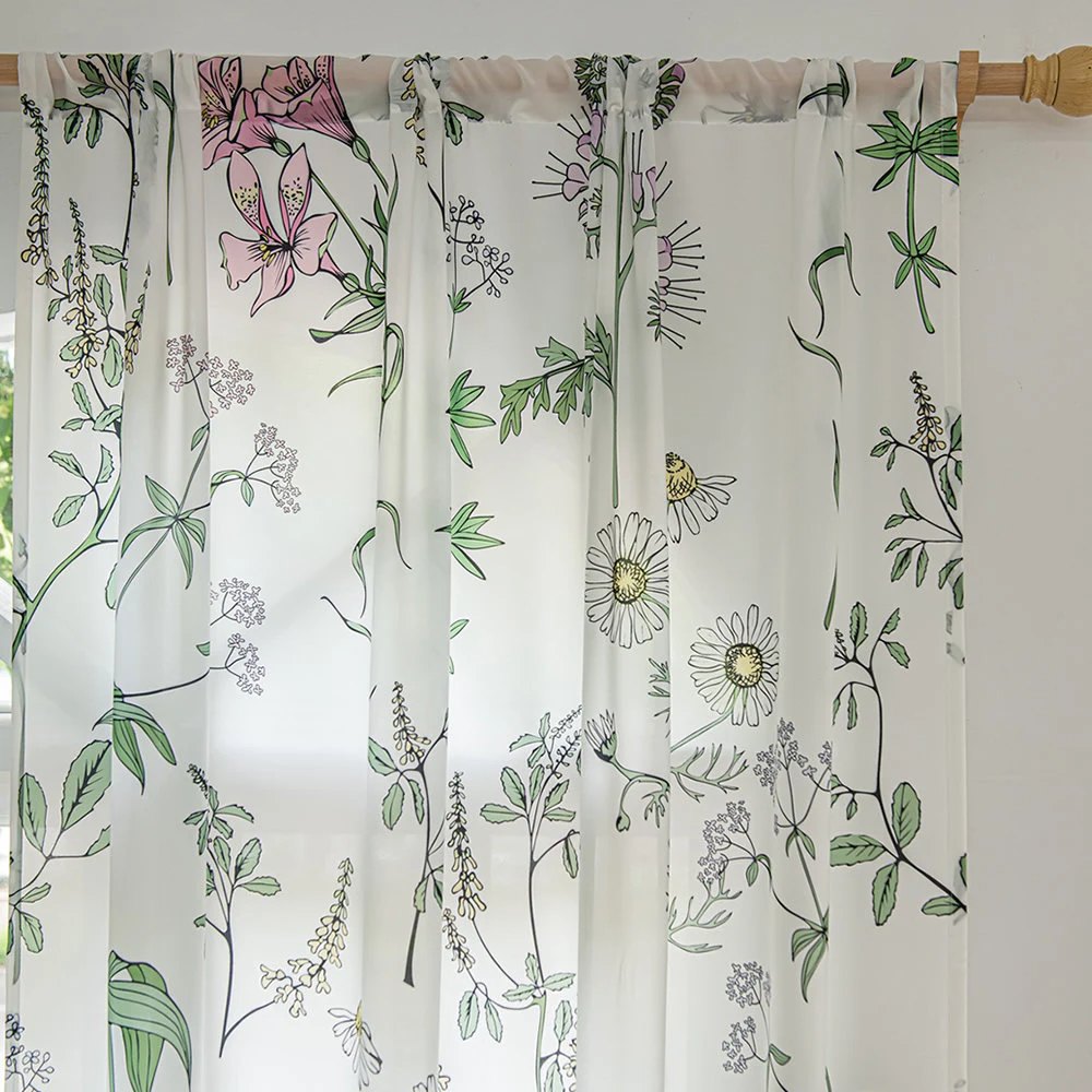 Retro White Sheer Chiffon Curtains with Green Plant, Leaves, Sunflower, and Lily Print