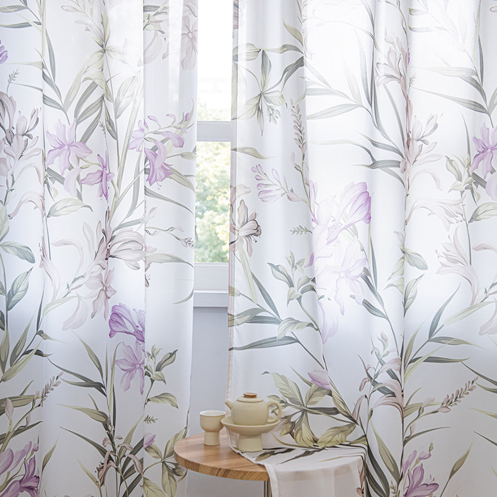 White Sheer Chiffon Curtains with Retro Purple Flower and Green Leaf Print