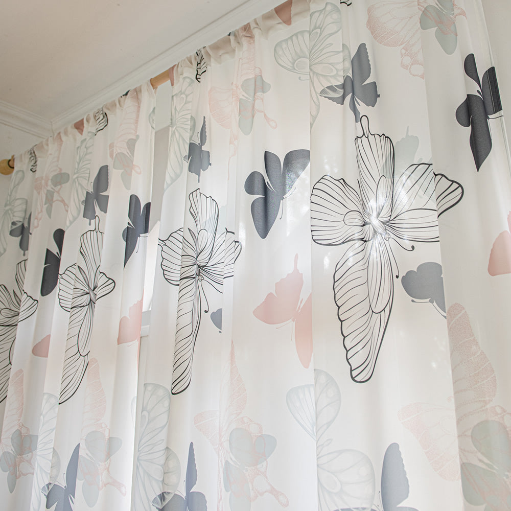 Retro Fashion White Sheer Curtains with Blue and Pink Butterfly Print