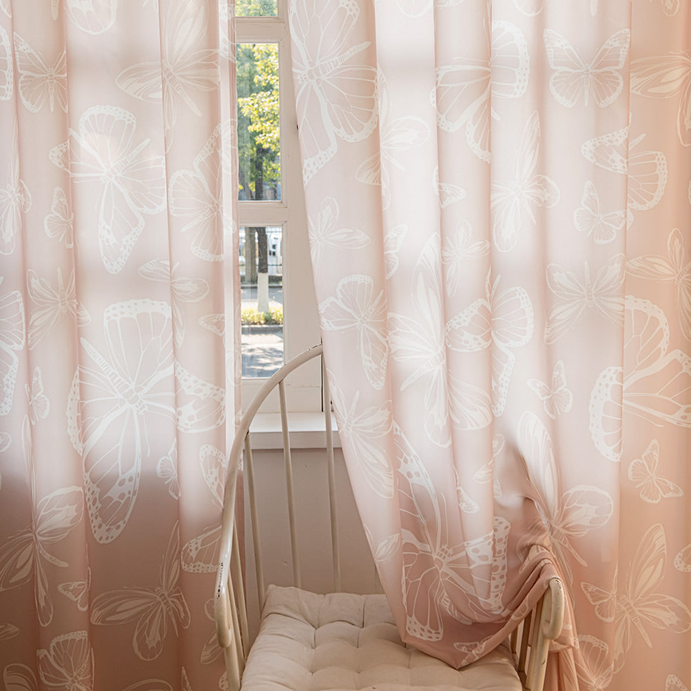 Pink Sheer Curtains with White Butterfly Print