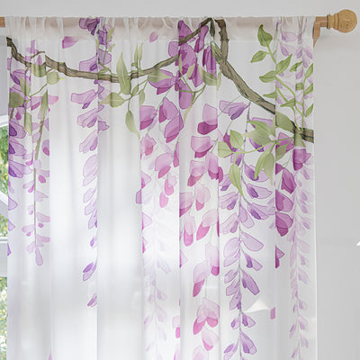 White Sheer Curtains with Wisteria Vine Branches Print