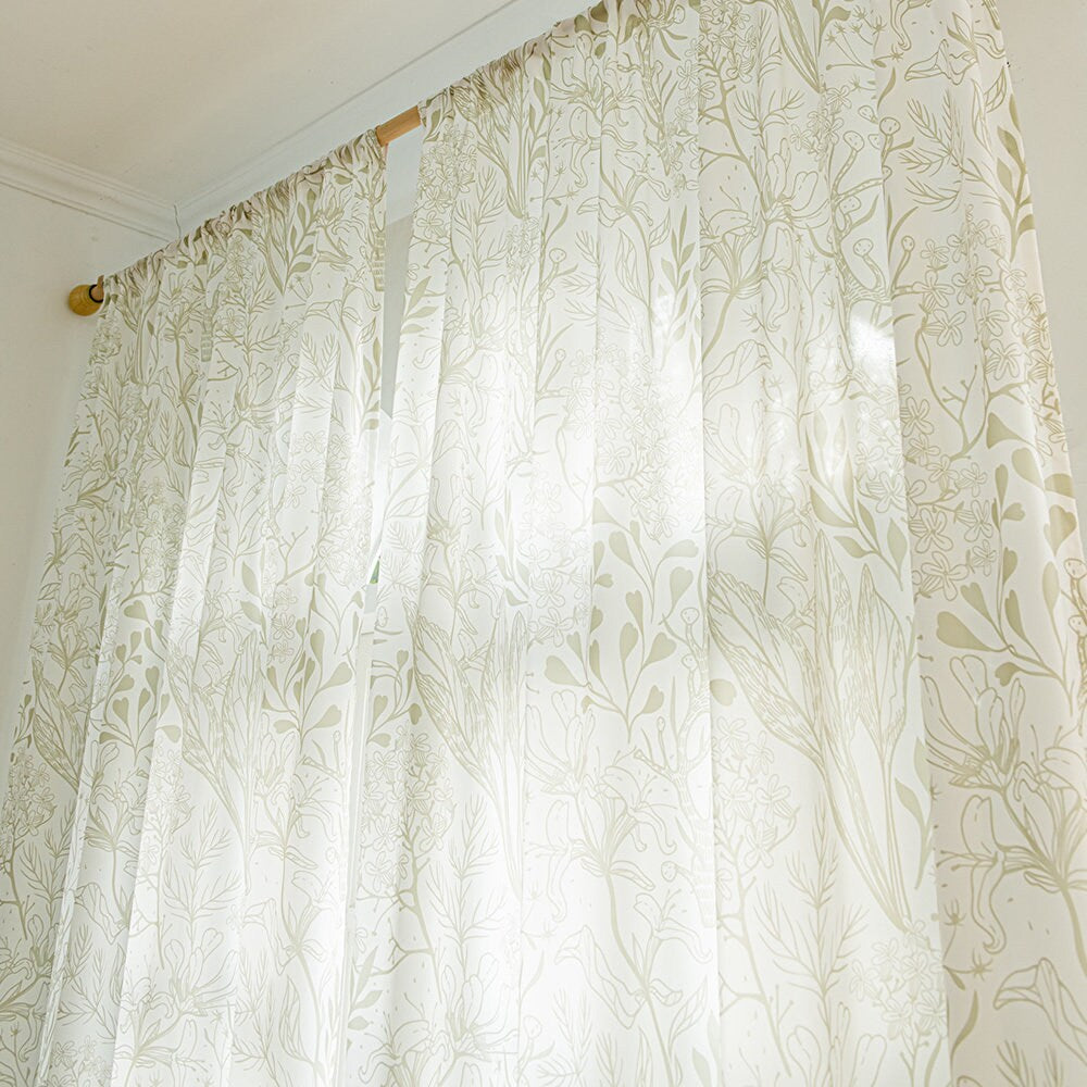 Light Green Sheer Curtains with Leaf and Plant Branches Print