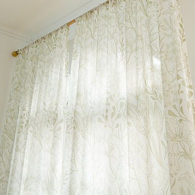 Light Green Sheer Curtains with Leaf and Plant Branches Print