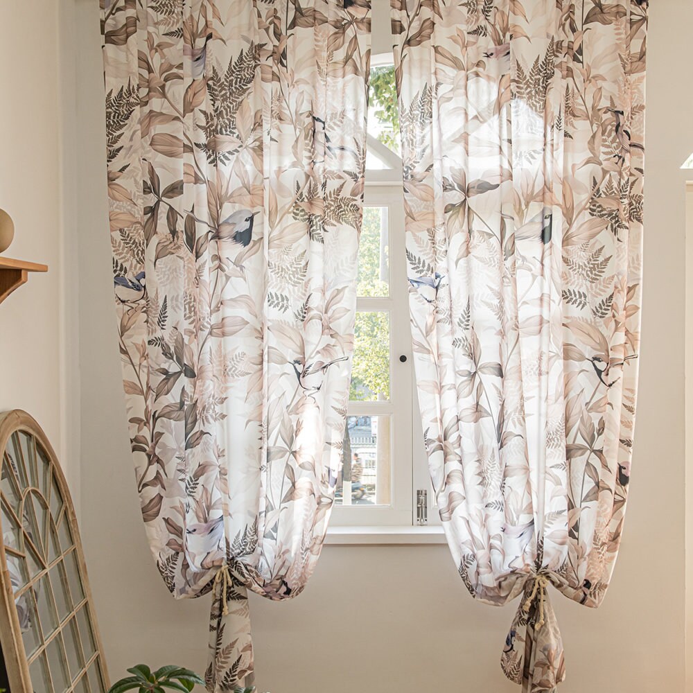 Vintage Sheer Curtains with Brown Leaf, Plant, and Bird Print