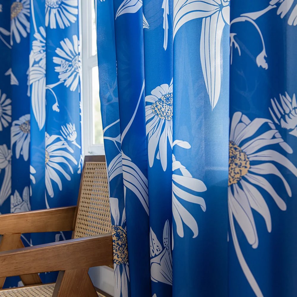 Retro Blue Sheer Chiffon Curtains with Boho Sunflower and Plant Leaves Print