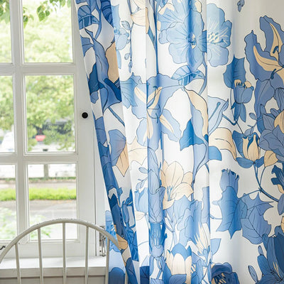 Blue Sheer Curtains with Yellow Lily and Floral Print