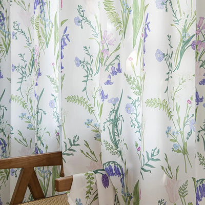 Pretty White Sheer Curtains with Tulip and Violet Print