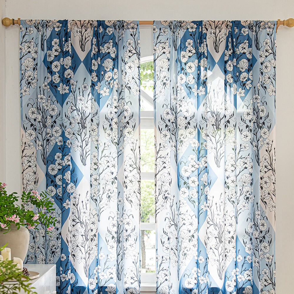 Retro Blue Sheer Curtains with White Floral Diamond Print