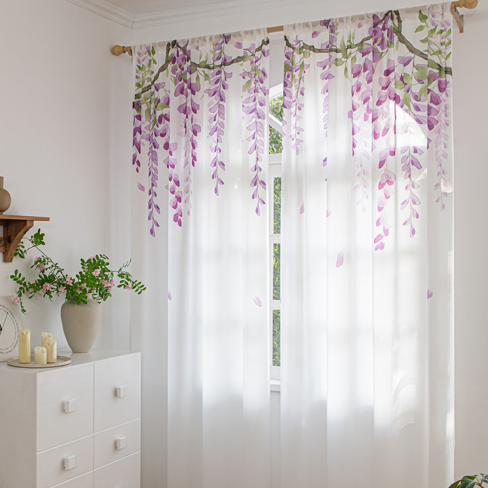 White Sheer Curtains with Wisteria Vine Branches Print