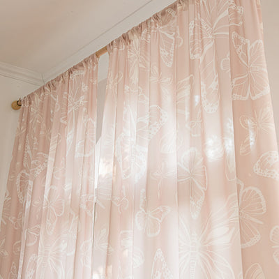 Pink Sheer Curtains with White Butterfly Print