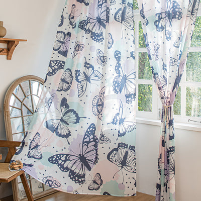 White Sheer Curtains with Blue Butterfly and Colorful Watercolor Design Print